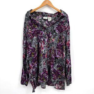 White Stag Button Up Top Women Size 3x Floral Long Sleeve Purple Flowy Silky Vtg
